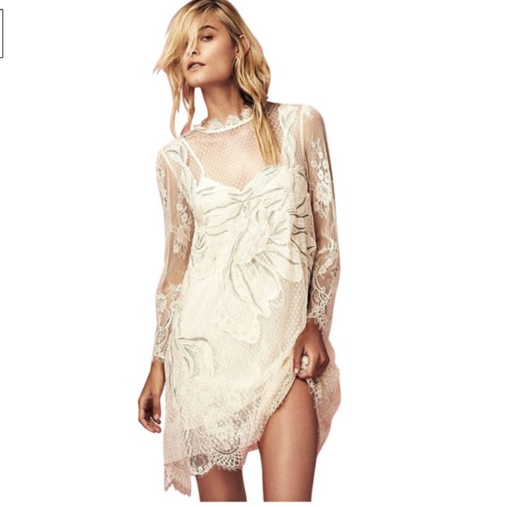 Free People Cream Swan Lace Mini Dress